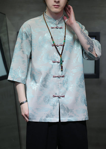 New Red Stand Collar Print Ice Silk Men Shirts Half Sleeve YT064 Men-Silk-MENSTP240721