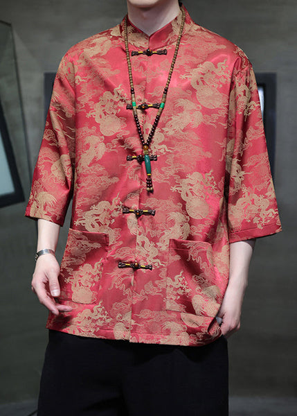 New Red Stand Collar Print Ice Silk Men Shirts Half Sleeve YT064 Men-Silk-MENSTP240721