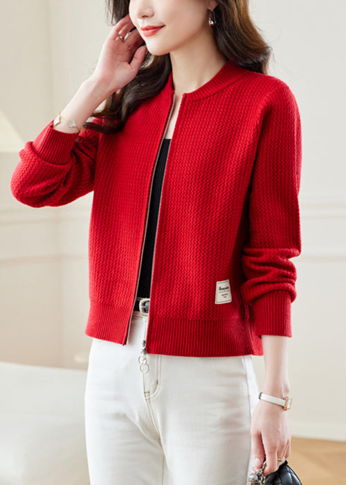 New Red Stand Collar Zip Up Solid Knit Coat Fall QS018 OM-BB241010