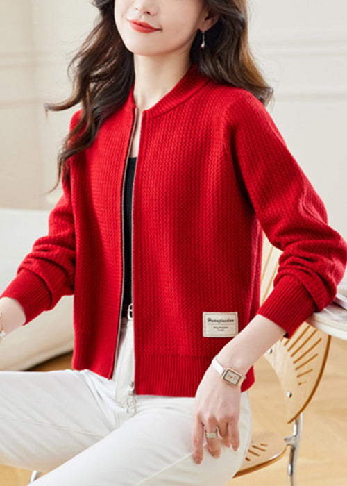 New Red Stand Collar Zip Up Solid Knit Coat Fall QS018 OM-BB241010