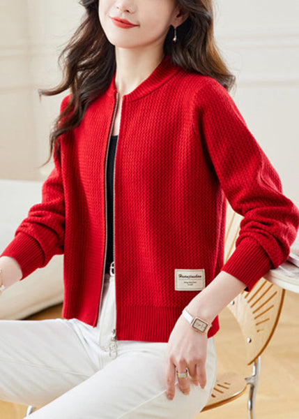 New Red Stand Collar Zip Up Solid Knit Coat Fall QS018 OM-BB241010