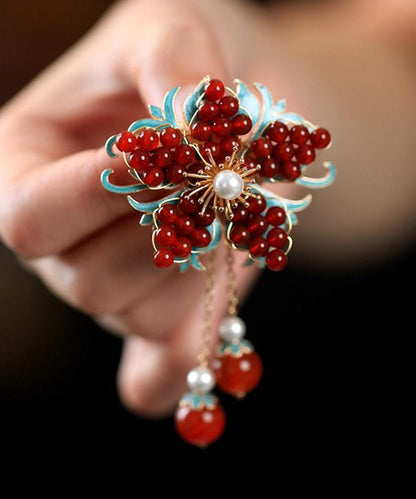 New Red Sterling Silver Overgild Pearl Crystal Tassel Brooches TX045
