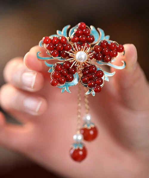 New Red Sterling Silver Overgild Pearl Crystal Tassel Brooches TX045