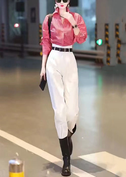 New Red Striped Shirts And White Pants Cotton Two Pieces Set Long Sleeve ZL030 SH-LF-TPIEC240621