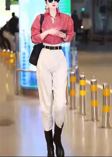 New Red Striped Shirts And White Pants Cotton Two Pieces Set Long Sleeve ZL030 SH-LF-TPIEC240621
