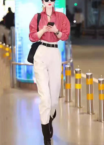 New Red Striped Shirts And White Pants Cotton Two Pieces Set Long Sleeve ZL030 SH-LF-TPIEC240621