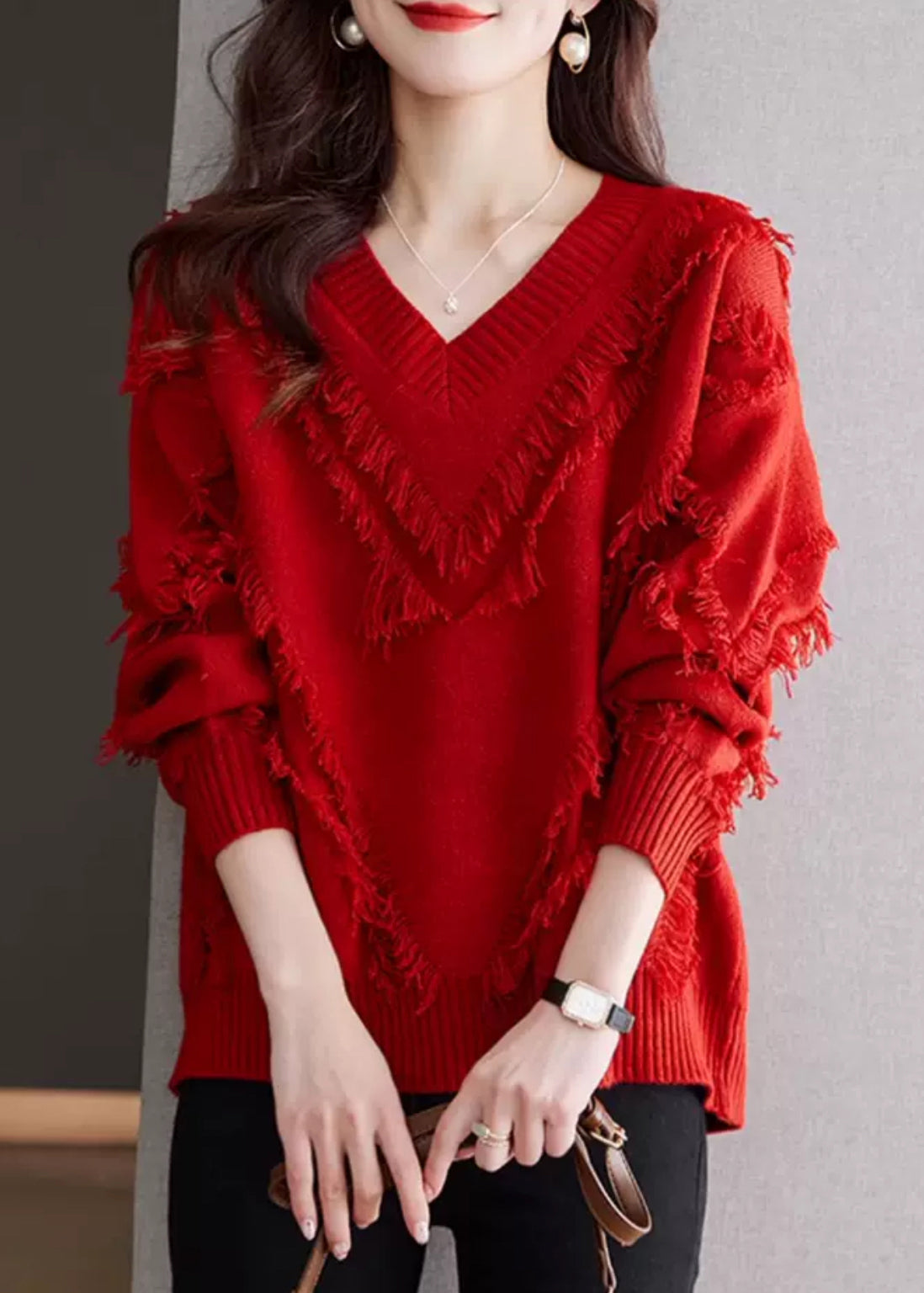 New Red Tasseled Cozy Wool Knit Sweater Fall QS005 OM-BB241010