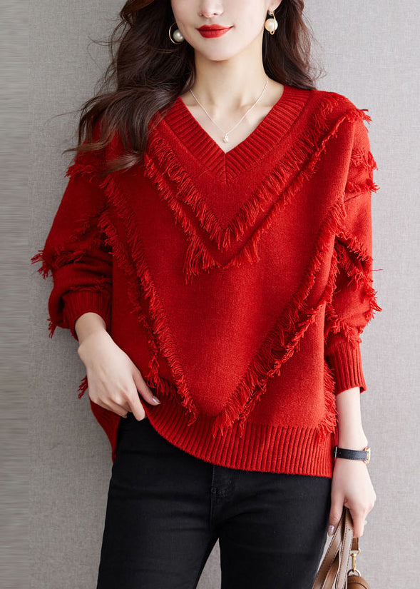 New Red Tasseled Cozy Wool Knit Sweater Fall QS005 OM-BB241010