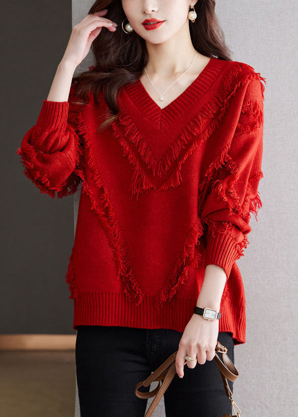New Red Tasseled Cozy Wool Knit Sweater Fall QS005 OM-BB241010