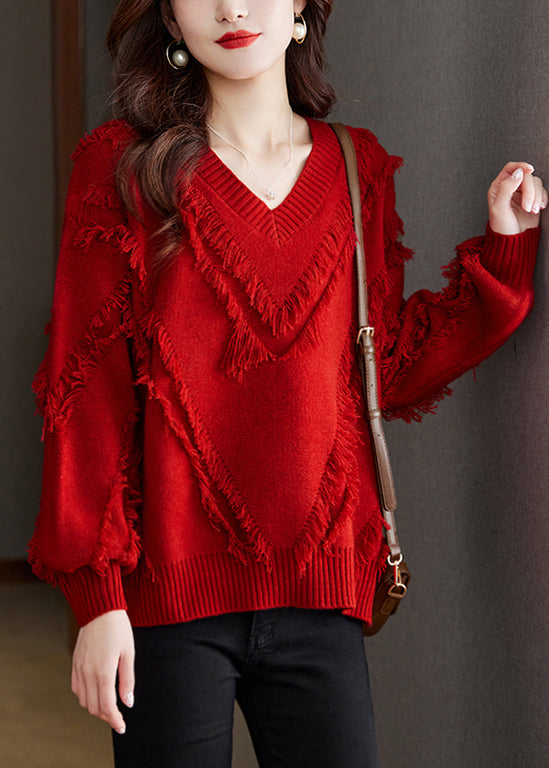 New Red Tasseled Cozy Wool Knit Sweater Fall QS005 OM-BB241010