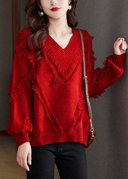 New Red Tasseled Cozy Wool Knit Sweater Fall QS005 OM-BB241010
