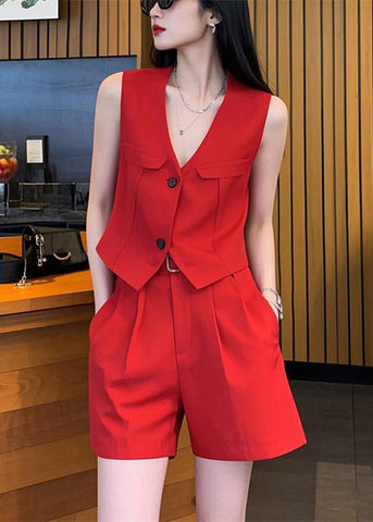 Neck And Two Spandex Pieces Waistcoat V Set Red New Button Shorts FashionChic