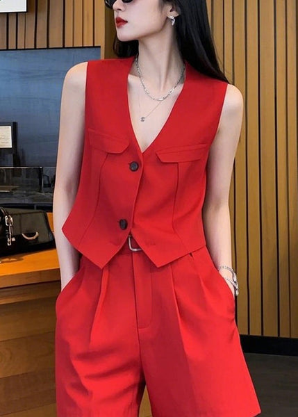 Neck And Two Spandex Pieces Waistcoat V Set Red New Button Shorts FashionChic