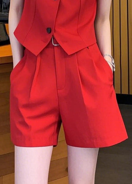 Neck And Two Spandex Pieces Waistcoat V Set Red New Button Shorts FashionChic