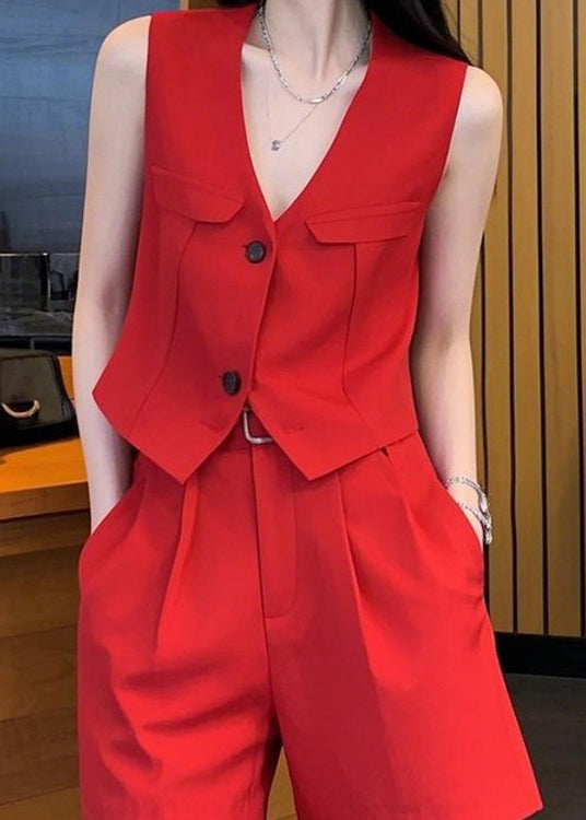 Neck And Two Spandex Pieces Waistcoat V Set Red New Button Shorts FashionChic