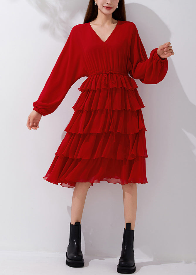 New Red V Neck Elastic Waist Chiffon Pleated Dresses Fall AM1019 Genistyle Shop