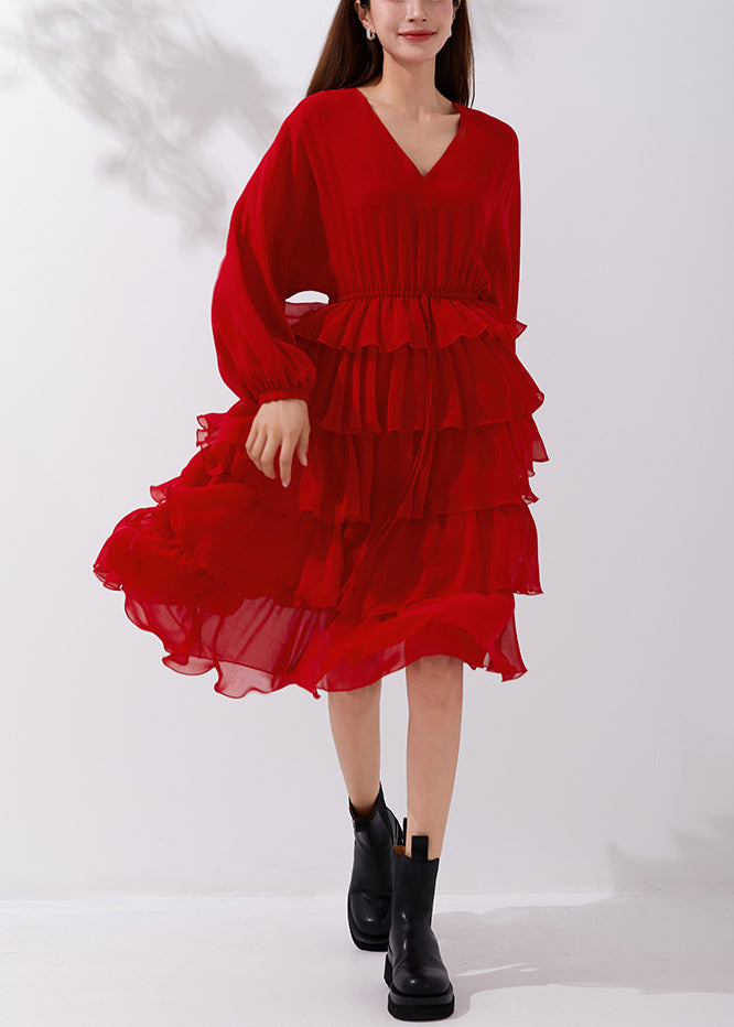 New Red V Neck Elastic Waist Chiffon Pleated Dresses Fall AM1019 Genistyle Shop