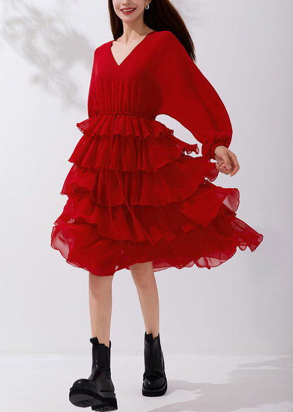 New Red V Neck Elastic Waist Chiffon Pleated Dresses Fall AM1019 Genistyle Shop