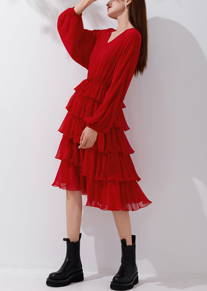 New Red V Neck Elastic Waist Chiffon Pleated Dresses Fall AM1019 Genistyle Shop