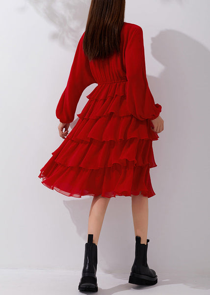 New Red V Neck Elastic Waist Chiffon Pleated Dresses Fall AM1019 Genistyle Shop