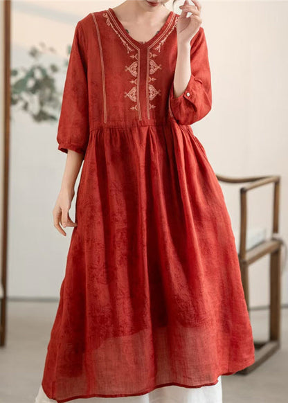 Summer Red Dress New Neck Linen Embroidered Wrinkled V FashionChic