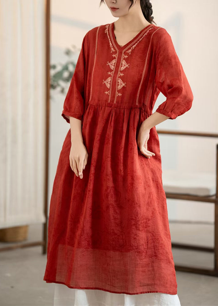 Summer Red Dress New Neck Linen Embroidered Wrinkled V FashionChic