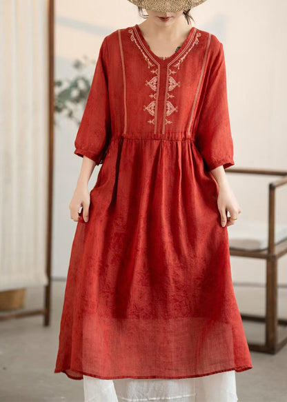 Summer Red Dress New Neck Linen Embroidered Wrinkled V FashionChic