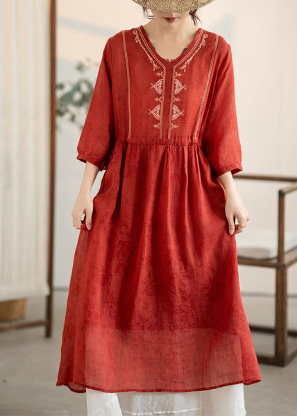 Summer Red Dress New Neck Linen Embroidered Wrinkled V FashionChic