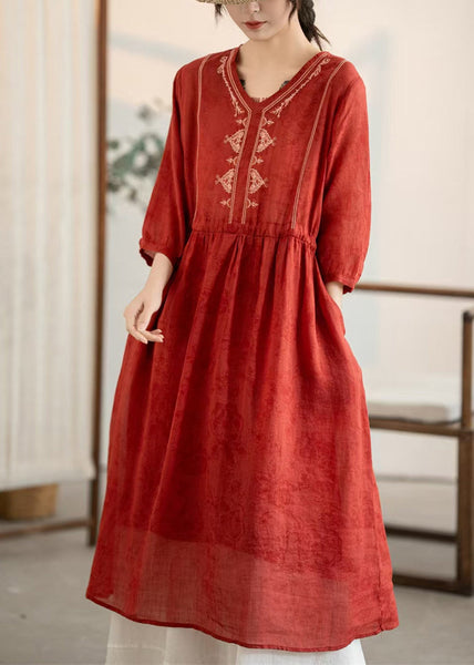 Summer Red Dress New Neck Linen Embroidered Wrinkled V FashionChic