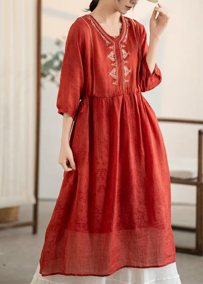 Summer Red Dress New Neck Linen Embroidered Wrinkled V FashionChic