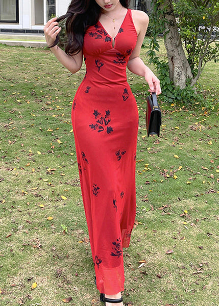 New Red V Neck Print Tulle Maxi Dresses Sleeveless YT025 ABC
