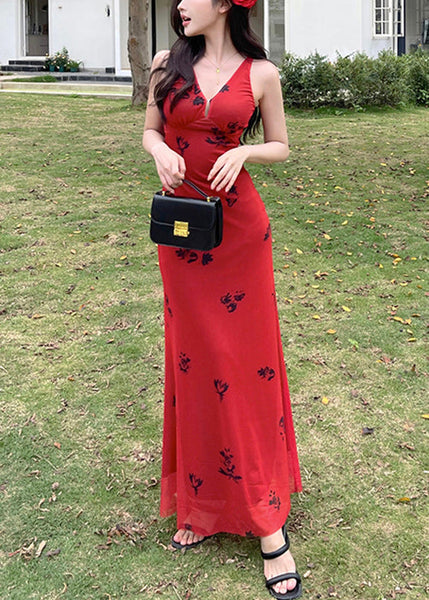 New Red V Neck Print Tulle Maxi Dresses Sleeveless YT025 ABC