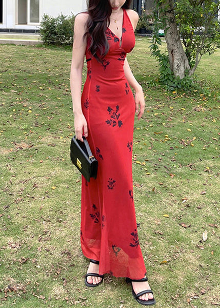 New Red V Neck Print Tulle Maxi Dresses Sleeveless YT025 ABC