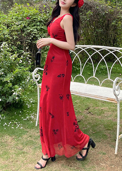 New Red V Neck Print Tulle Maxi Dresses Sleeveless YT025 ABC