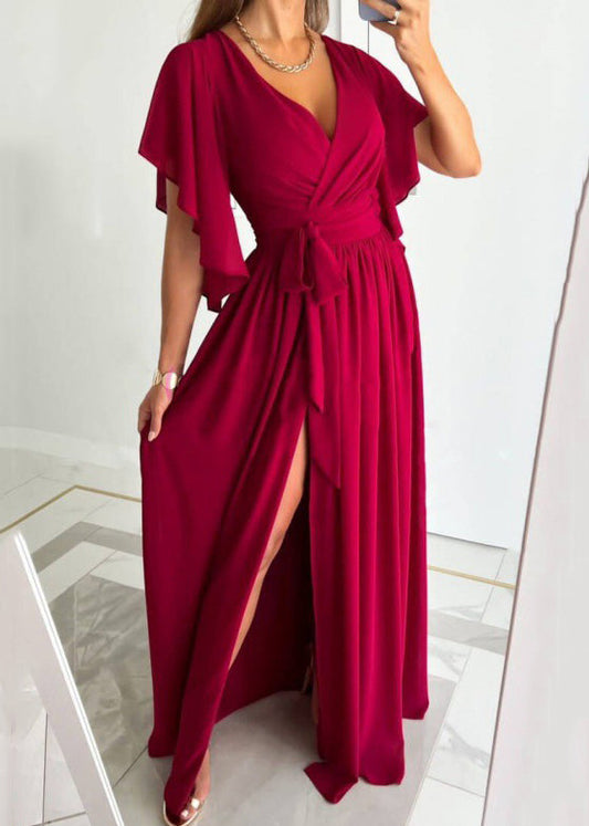 New Red V Neck Tie Waist Side Open Cotton Maxi Dress Summer BB035 Hawaii-SDL240622