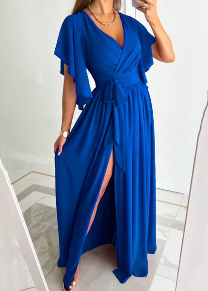 New Red V Neck Tie Waist Side Open Cotton Maxi Dress Summer BB035 Hawaii-SDL240622