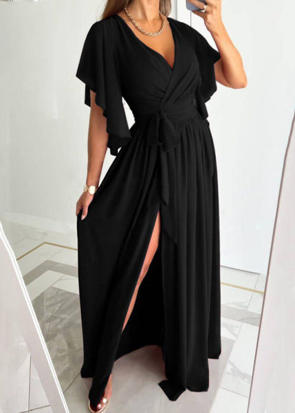 New Red V Neck Tie Waist Side Open Cotton Maxi Dress Summer BB035 Hawaii-SDL240622