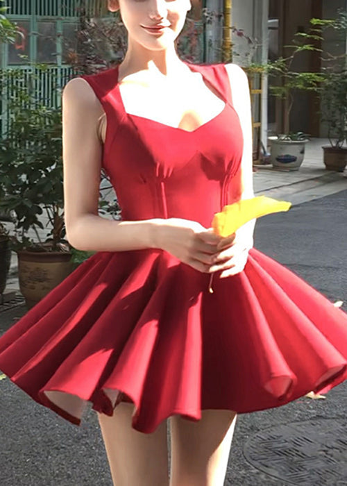 V New Sleeveless Zippered Cotton Mini Red Neck Dresses FashionChic