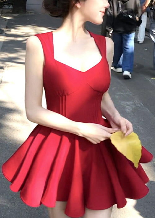 V New Sleeveless Zippered Cotton Mini Red Neck Dresses FashionChic