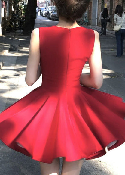V New Sleeveless Zippered Cotton Mini Red Neck Dresses FashionChic
