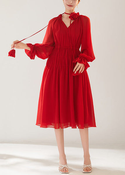 New Red Wrinkled Lace Up Chiffon Dress Fall QR030 OM-ZS240929
