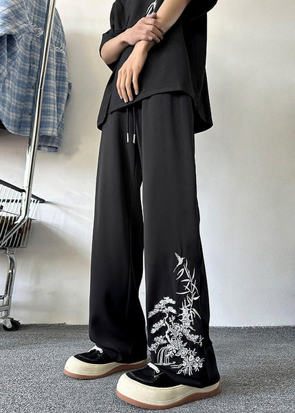 New Retro Apricot Embroideried Pockets Silk Mens Pants Summer YT054 Men-Silk-MENP240721