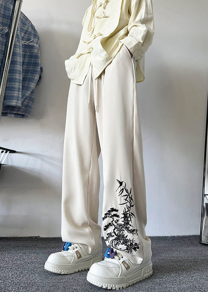 New Retro Apricot Embroideried Pockets Silk Mens Pants Summer YT054 Men-Silk-MENP240721