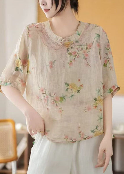 Style New Linen Retro Tops Summer Chinese Apricot Print FashionChic
