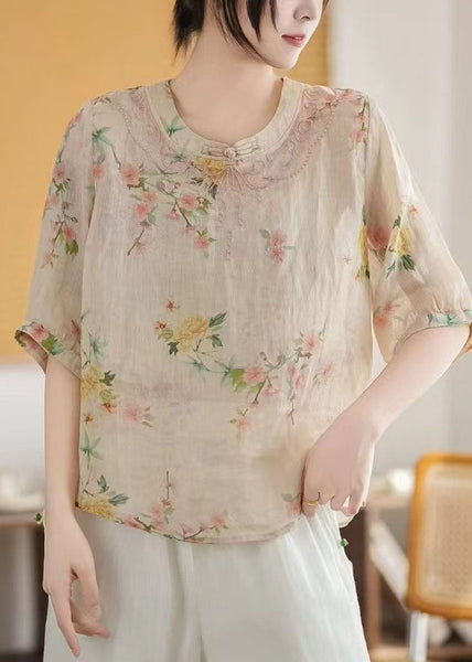 Style New Linen Retro Tops Summer Chinese Apricot Print FashionChic