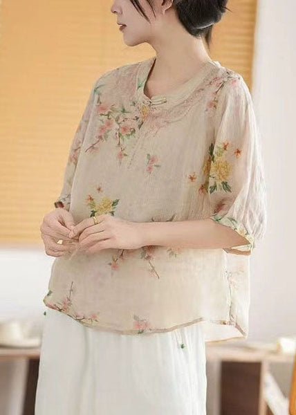 Style New Linen Retro Tops Summer Chinese Apricot Print FashionChic