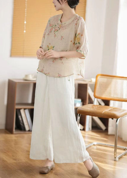 Style New Linen Retro Tops Summer Chinese Apricot Print FashionChic