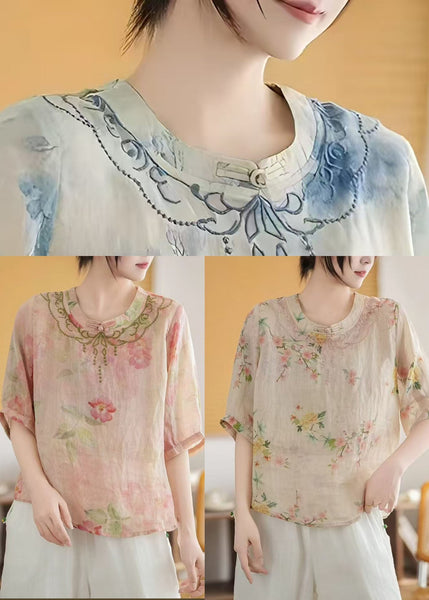 Style New Linen Retro Tops Summer Chinese Apricot Print FashionChic