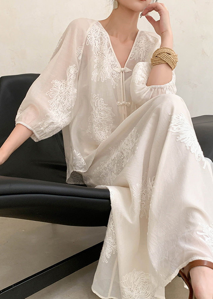 Embroidered Two Beige Piece Retro New Set Cotton Summer Outfits FashionChic