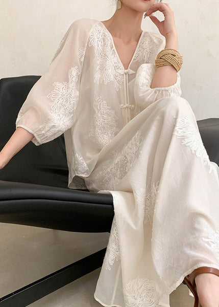 Embroidered Two Beige Piece Retro New Set Cotton Summer Outfits FashionChic